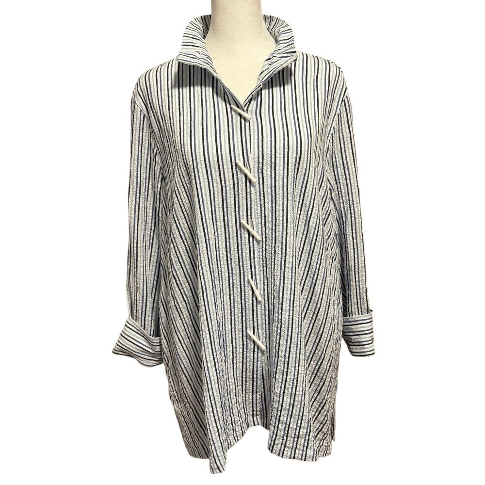 NEW Ali Miles Size M Tunic Top Button Front Striped Blue White Lagenlook